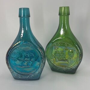 Vintage Apollo 14 & 15 Moon Landing Embossed Glass Bottles Set Teal Green VTG